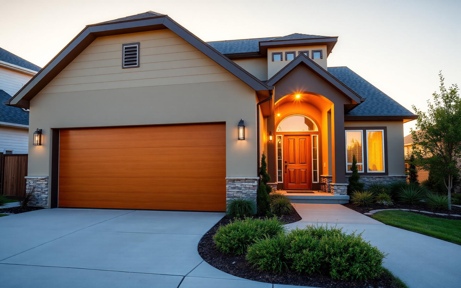 Home with a newly installed premium garage door at golden hour
